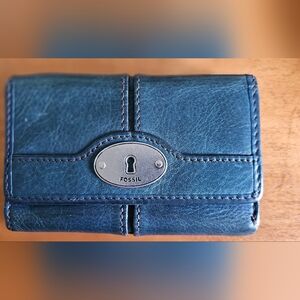 Vintage Fossil Maddox Keyhole Navy Blue Leather Small Trifold Wallet
